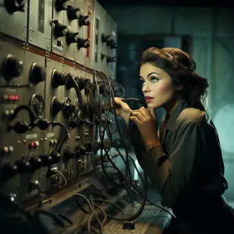 Professional telephone operator at switchboard using vintage communication equipment - Image 2