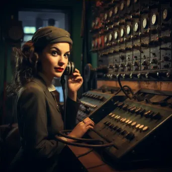 Professional telephone operator at switchboard using vintage communication equipment - Image 4