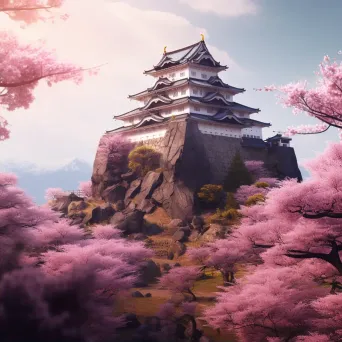 Feudal Japanese castle with cherry blossoms on a rocky cliff - Image 2