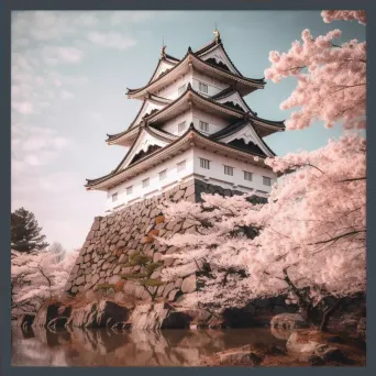 Feudal Japanese castle with cherry blossoms on a rocky cliff - Image 4