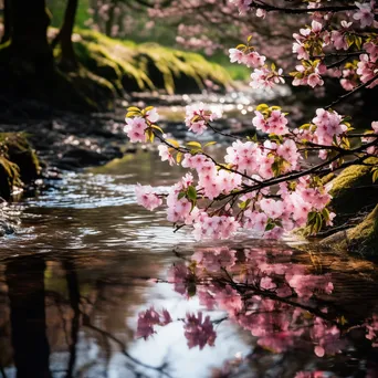 Cherry blossoms reflected in a slow-moving stream - Image 1