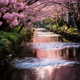 Cherry blossoms reflected in a slow-moving stream - Image 2