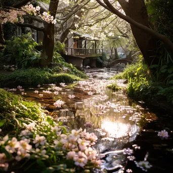 Cherry blossoms reflected in a slow-moving stream - Image 3