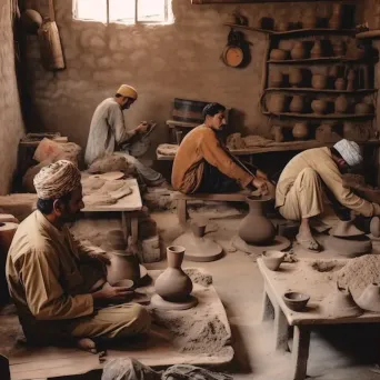 Local pottery workshop with artisans shaping clay into vessels surrounded by tools - Image 1