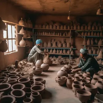 Local pottery workshop with artisans shaping clay into vessels surrounded by tools - Image 2