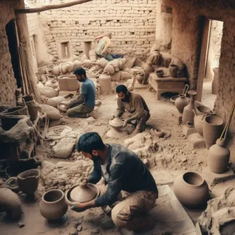 Local pottery workshop with artisans shaping clay into vessels surrounded by tools - Image 4