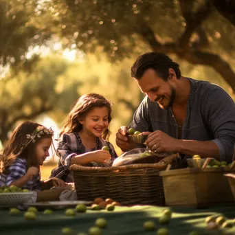 Family enjoying a picnic surrounded by olives in an olive grove. - Image 1