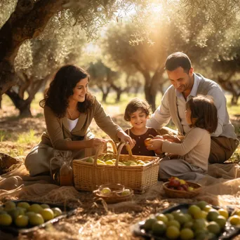 Family enjoying a picnic surrounded by olives in an olive grove. - Image 2