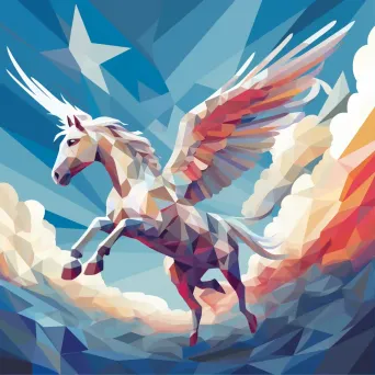 Awe-inspiring low poly Pegasus soaring through fluffy cumulus clouds - Image 1