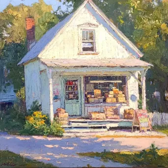 A charming rural bakery in the soft golden light of early morning, with a soft pastel color palette - Image 1