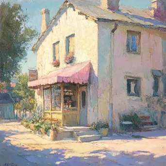 A charming rural bakery in the soft golden light of early morning, with a soft pastel color palette - Image 2