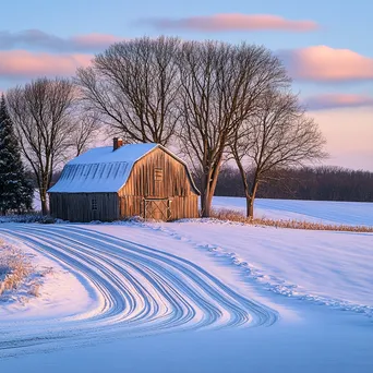 Rustic barn in winter field at sunset - Image 4