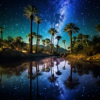 Milky Way galaxy over desert oasis with palm trees and star reflections - Image 1