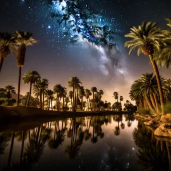 Milky Way galaxy over desert oasis with palm trees and star reflections - Image 4