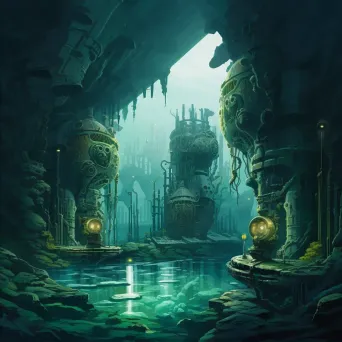 Art Deco styled painting of a submarine expedition into mysterious underwater ruins - Image 2