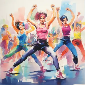 Vibrant artwork of a lively 1980s aerobics class - Image 1