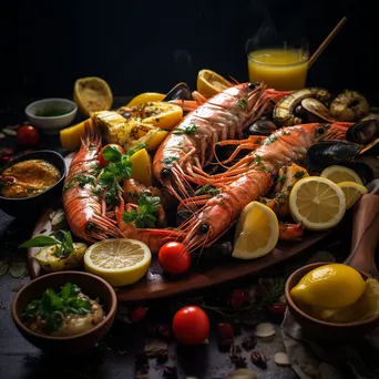 Stylish platter of grilled salmon and shrimp with lemon - Image 1