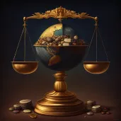 Scale balancing globe and gold bars critiquing global economy priorities - Image 4