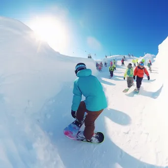 Snowboarders and skiers performing tricks in a winter snow park - Image 1