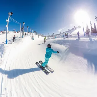 Snowboarders and skiers performing tricks in a winter snow park - Image 4