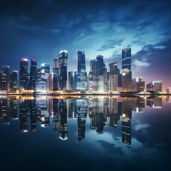 Cityscape skyline with glowing skyscrapers and lights reflected on a river at night - Image 3