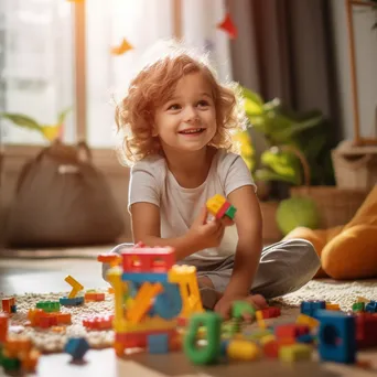 Child stacking colorful building blocks on a rug - Image 1