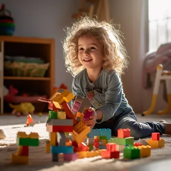 Child stacking colorful building blocks on a rug - Image 2