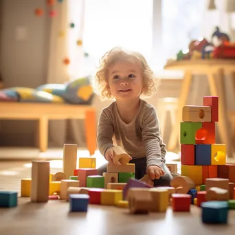 Child stacking colorful building blocks on a rug - Image 3