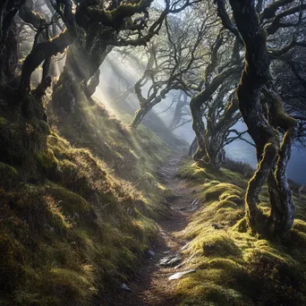 Forest path leading into a misty valley - Image 1