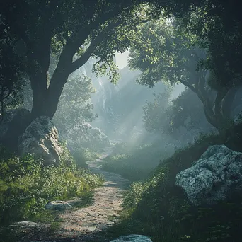 Forest path leading into a misty valley - Image 4