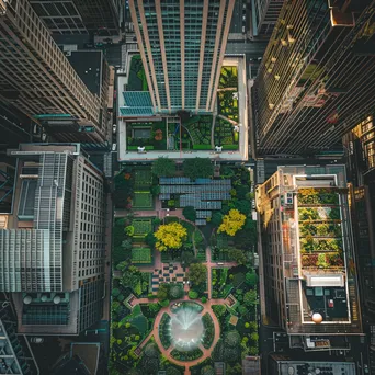 Drone view of urban rooftops with gardens and solar panels - Image 1