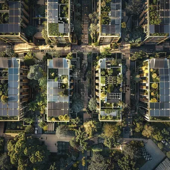 Drone view of urban rooftops with gardens and solar panels - Image 2