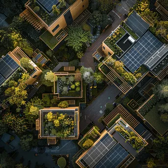 Drone view of urban rooftops with gardens and solar panels - Image 3