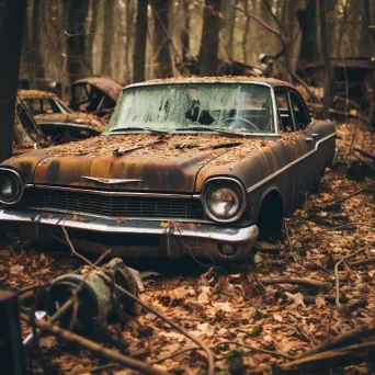 Vintage car graveyard with rusted automobiles in black and white - Image 2