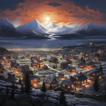 Village at mountain base, warm village lights against dark mountain - Image 1