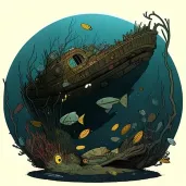 Image of an ancient shipwreck on the ocean floor, surrounded by curious fish and seaweed - Image 1