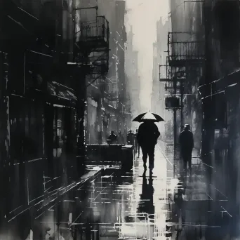 Rain-drenched streets depicted through an abstraction in ink wash, noir-inspired - Image 2