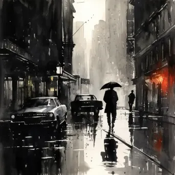 Rain-drenched streets depicted through an abstraction in ink wash, noir-inspired - Image 3