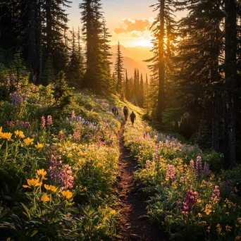 Hikers silhouetted against a vibrant sunrise on a forest trail with wildflowers. - Image 2