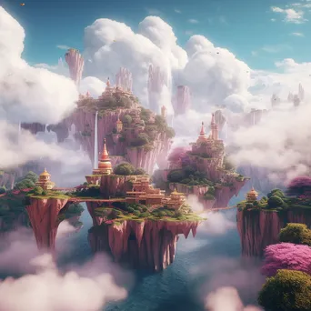 Surreal floating islands in a dreamlike landscape with vibrant colors and a sky waterfall. - Image 1