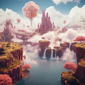 Surreal floating islands in a dreamlike landscape with vibrant colors and a sky waterfall. - Image 3