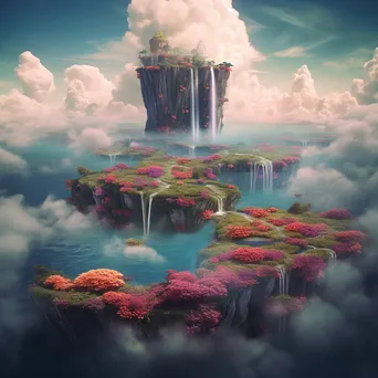 Surreal floating islands in a dreamlike landscape with vibrant colors and a sky waterfall. - Image 4