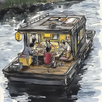 Community sharing food and stories at a potluck dinner on a houseboat - Image 4