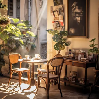 Coffee shop terrace with vintage furniture and patrons enjoying coffee - Image 1