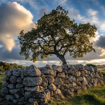 A dry stone wall next to an oak tree with dramatic clouds overhead. - Image 3