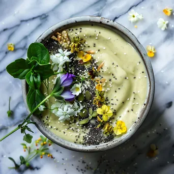 A creamy avocado smoothie bowl topped with chia seeds and flowers on a marble counter. - Image 4