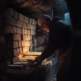 Artisan inspecting freshly fired bricks in a kiln - Image 1