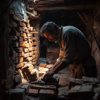 Artisan inspecting freshly fired bricks in a kiln - Image 2