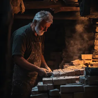 Artisan inspecting freshly fired bricks in a kiln - Image 3