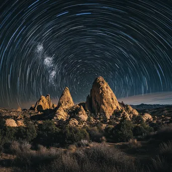 Star trails above unique wind-carved desert rock formations - Image 2